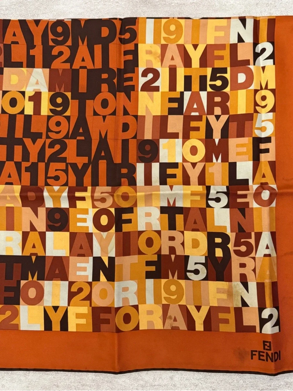 Fendi Multicolor Graphic Silk Scarf in Orange, Brown & Cream - Picture 1 of 12